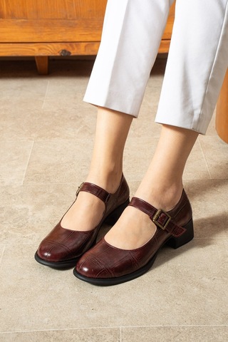 Dabab Shoes Clarıssa Kadın Bordo Ortopedik 4 Cm Topuklu Tokalı Yuvarlak Burun Balerin Babet Klasik Ayakkabı