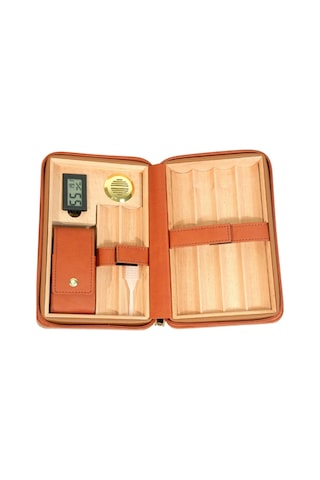 Cohiba Dahili Çakmak Açık Kahverengi Deri Puro Taşıma Çantası & Seyahat Humidoru