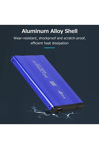 Aubyhe Mavi 2.5 İnç Sata Usb 2.0 Taşınabilir Disk Kutusu, Alüminyum Kasa, 480mbps Hız, Windows/mac Uyumlu, Ssd/hdd Desteği