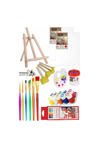 Mini Şövale 25x35 2 Li Tuval Südor 10 Renk Guaj Boya Başlangıç Seti Fırça Palet Ponpon Su Kabı Masaüstü Sanatsal