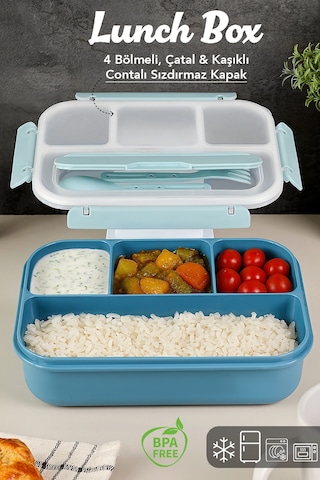 Sızdırmaz Contalı Yemek Kabı - 4 Bölmeli Çatal Kaşıklı Diyet Beslenme Kutusu Lunch Box Mavi MAvi