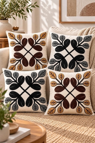 4'lü Set Çiçekli Dekoratif Kırlent Kılıfı 43x43 Cm, 3d Efektli Dijital Baskılı - Monokrom Yapraklar Çok Renkli