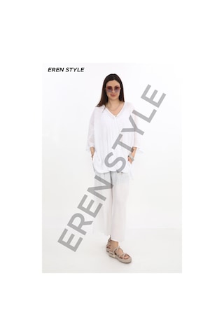 Bohem Kuruvaze Tek Düğmeli Keten Bluz-9884 Beyaz