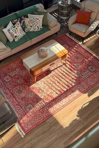 Frenda Home Vintage Desen Pamuk Taban Baskılı Yıkanabilir Halı Kırmızı