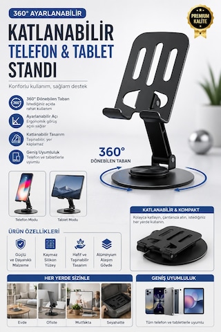 360 Ayarlanabilir Katlanabilir Telefon & Tablet Standı Yükseklik Ve Açı Ayarlı Masa Üstü Tutucu Siyah