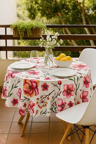 Yuvarlak Çiçek Desenli Duck Kumaş Masa Örtüsü 150x150 Cm Çok Renkli