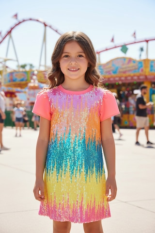 Dide Kids Kız Çocuk Neon Renkli Payetli Pembe Abiye Elbise Neon Pembe