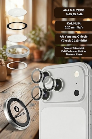 % 99.99 Gerçek Safir Titanyum Kasa Apple Uyumlu iPhone 17 Pro / 17 Pro Max Kamera Lens Koruyucu, Ar - Silver