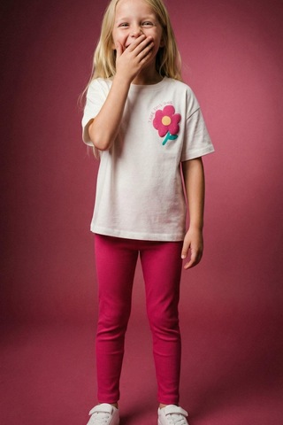 Monila Kız Çocuk Pamuklu Ekru Çiçek Baskılı T-shirt Ve Pembe Tayt Alt Üst Takım Ekru/pembe