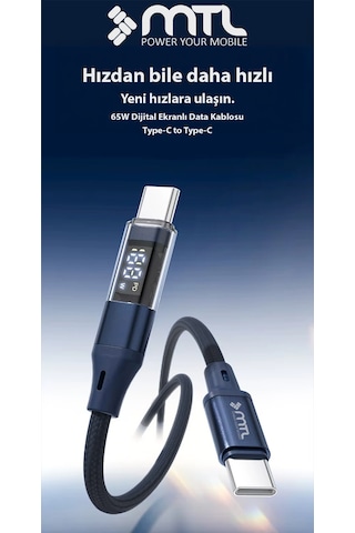 65w Pd Type-c To Type-c Dijital Watt Göstergeli Hızlı Şarj Ve Data Kablosu 1 Metre Siyah Mt2155
