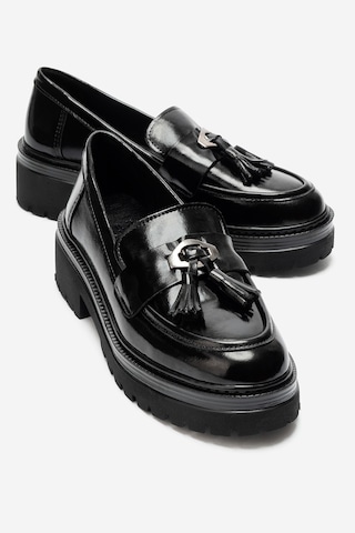 Luvi Shoes Marsy Siyah Rugan Hakiki Deri Püsküllü Kadın Loafer Ayakkabı