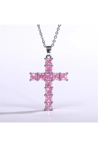 Müstesna Jwl Zirkon Taşlı Istavroz Haç Kolye Pembe Gümüş