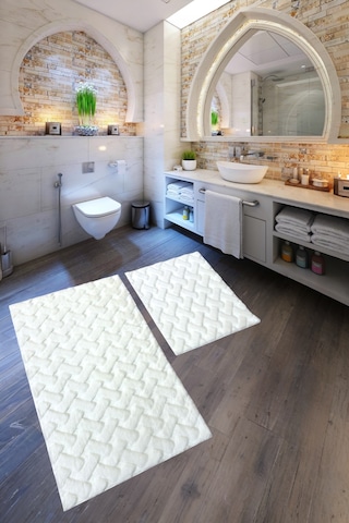 Desenli Tavşan Tüyü Yumuşak 2 Li Banyo Paspası Kaymaz Tabanlı Klozet Takımı Krem Krem