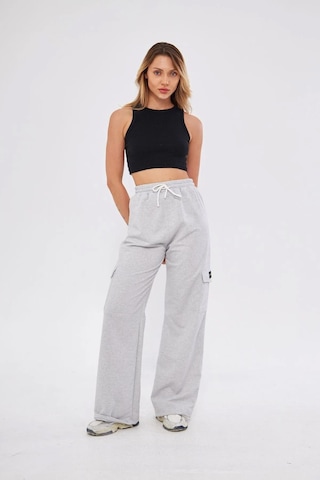 Lesa Wear Kargo Cepli Palazzo Pantolon Oversize Kesim Gri Melanj