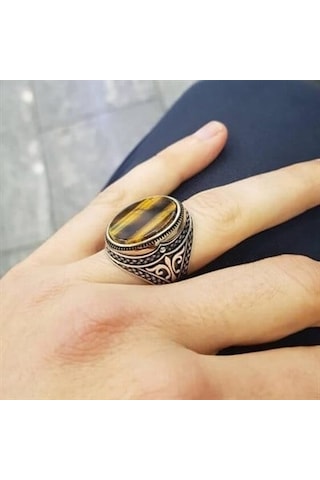 Kaplan Gözü Taşlı Erkek Yüzük Beyaz