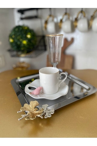 Atabey Home Collection 6 Adet Kahve & Çay & Sunum Tepsisi Metal Döküm Gümüş Tepsi Kelebek Aksesuarlı