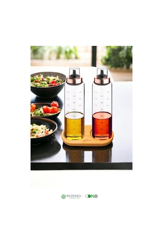 Rossel Premium Bambu Standlı Damlatmaz Borosilikat 2'li Cam Yağlık 500ml Bakır
