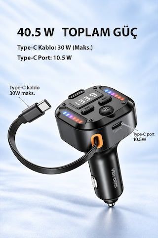 Ven-dens Vd-fm011 Bluetooth 5.3 Araç Fm Transmitter Cihazı, 40,5 W Toplam Çıkış, 75 Cm Geri, Siyah