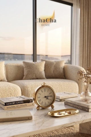Chacha Home Serene Bell Vintage Metal Çalar Saat & Premium Masaüstü Dekoratif Obje 16x14 Cm Gold