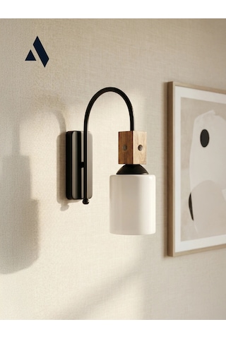 Altira Ahşap Süslemeli Duvar Apliği Rustik Modern Stil, Opal Ve Bal Camlı Beyaz