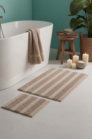 Bej Kabartmalı Çizgili 2 Li Banyo & Klozet Paspas Takımı Bej