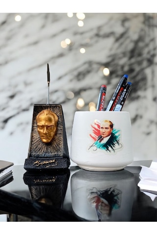 Atatürk Büstü Fotoğraf Not Tutacağı Ve Atatürk Baskılı Kalemlik Seti Hediyelik Renkli