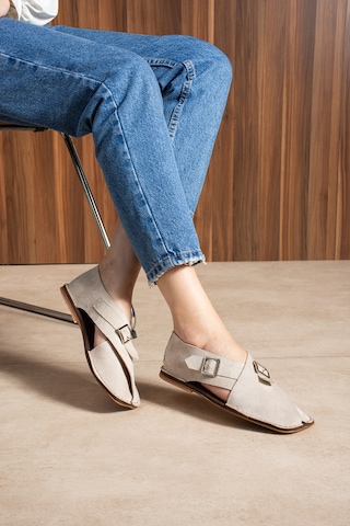 Duxal Shoes Cooper İçi Hakiki Deri Süet Kadın Sandalet Tokalı Günlük Rahat Ayakkabı - Babet Bej