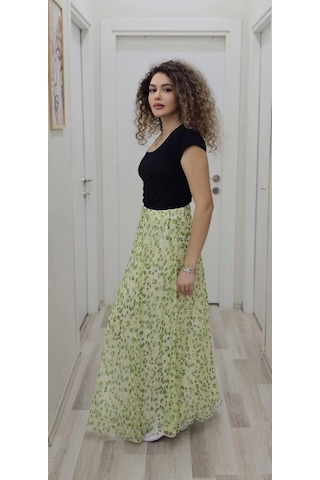 Bel Lastikli Kloş Şifon Etek 6003-Beyaz - Yeşil