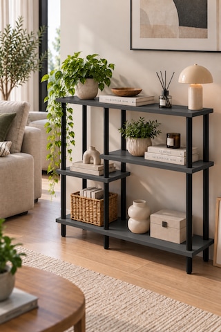 Modern 4 Raflı Kitaplık Salon Düzenleyici Metal Ayaklı Dekoratif Kitaplık Ve Çok Amaçlı Raf Ünitesi Antrasit