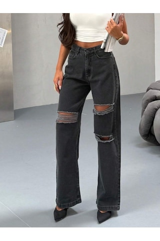 Shevega Kadın Füme Çift Diz Lazer Yirtik Yüksek Bel Bol Paça Jeans Pantolon Gri