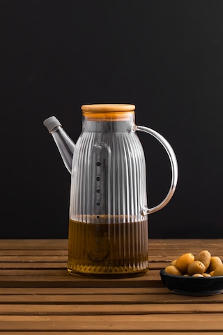 Porsima 2091 Bambu Kapaklı Vakumlu Ölçekli Borosilikat Cam Yağdanlık Yağlık Sirkelik 1000ml Şeffaf