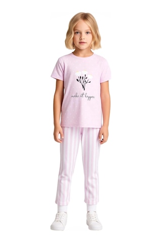 Frm Çocuk Pijama Takımı Kızlar İçin Çiçekli Üst Ve Çizgili Alt Kombin Lila