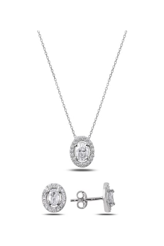 Zirkon Oval Tasarım 925 Ayar Gümüş Kadın Set