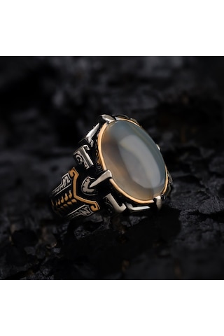 Oval Ay Taşlı Tasarım 925 Ayar Gümüş Erkek Yüzük Gümüş