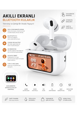 Akıllı Ekranlı Bluetooth Kulaklık Dokunmatik Ekranlı Şarj Kutusu Beyaz