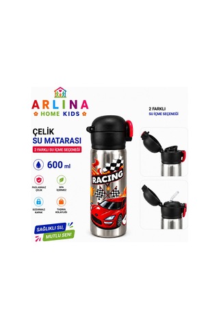 304 Paslanmaz Çelik Termos Çift İçim Modlu Kilit Kapaklı Çocuk Matarası 600 Ml Siyah