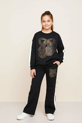 Kız Çocuk Taş İşlemeli Kiraz Ve Fiyonk Desenli-2 İplik-alt-üst Takım-5-12 Yaş 12445 Siyah