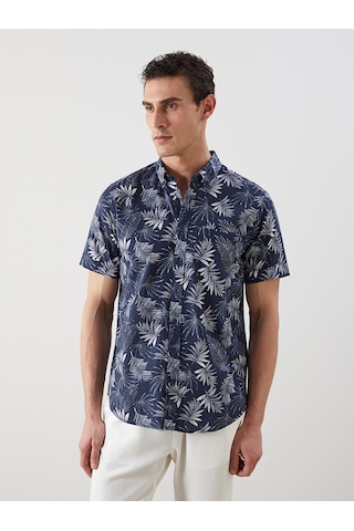 Lcwaıkıkı Classic İndigo Regular Fit Kısa Kollu Desenli Poplin Erkek Gömlek