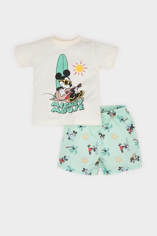 DeFacto Erkek Bebek 2'li Takım Disney Mickey & Minnie Kısa Kollu Tişört Esnek Belli Şort Alt E3522A525SMER98 Ekru