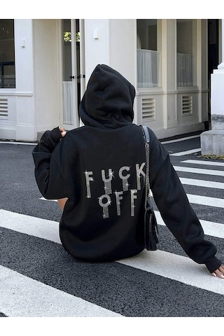 Afri Kadın Siyah Oversize Kapüşonlu Sweatshirt Taş Detaylı F Ck Off Yazılı Rahat Günlük Kapüşonlu Üst Siyah