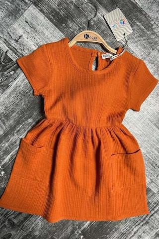 Riccotarz Kız Çocuk Çift Cepli Salaş Kesim Kolsuz Kiremit Müslin Elbise Kiremit