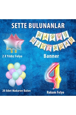 Gökkuşağı Konsepti 4 Yaş Doğum Günü Parti Kutlama Seti Rakam Ve