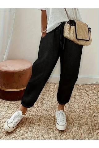 Simala Kadın Yüksek Bel Lastikli Belde Bağcık Detaylı Aerobin Pantolon Siyah