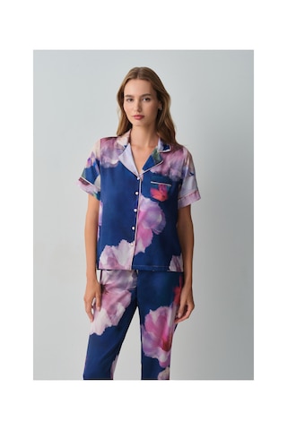 Suwen Floral Gömlek Yaka Pijama Takımı Wsh10510071377 Petrol Mavisi