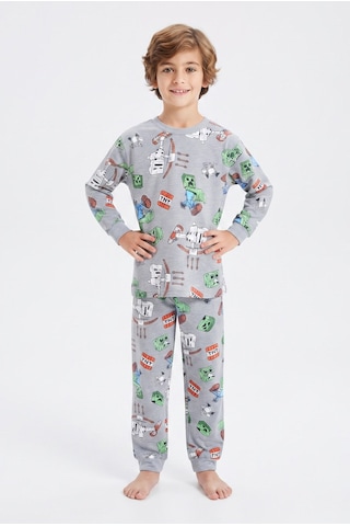 Bunny Hopp Erkek Çocuk Uzun Kollu Pijama Takımı %100 Pamuk Piksel Blok Desenli Penye Gri