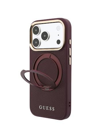 Apple iPhone Uyumlu 18 Pro Max Kılıf Guess Lisanslı M-safeli 360 Standlı Pu Metal Yazı Logolu Kapak Bordo