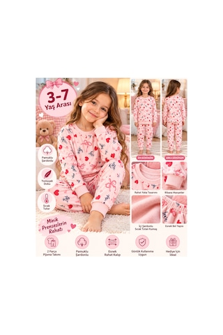 Üç Gül Ticaret Kız Çocuk 3-7 Yaş Kalpli Fiyonklu Pijama Takımı İçi Pamuklu Şardonlu Pembe