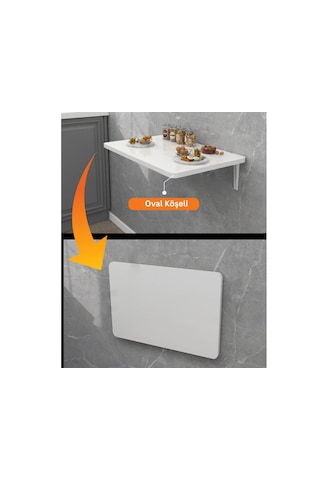 90x50 Cm Beyaz Oval Köşeli Duvara Monte Katlanır Masa Mekanizmalı Açılır Kapanır Duvar Masası