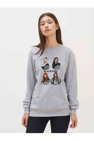 Kpop Blackpink Black Pink Baskılı Gri Kadın Sweatshirt
