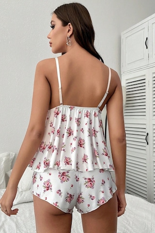 Merry See İnce Askılı Çiçekli Dantel Detay Şortlu Pijama Takım Gecelik Beyaz